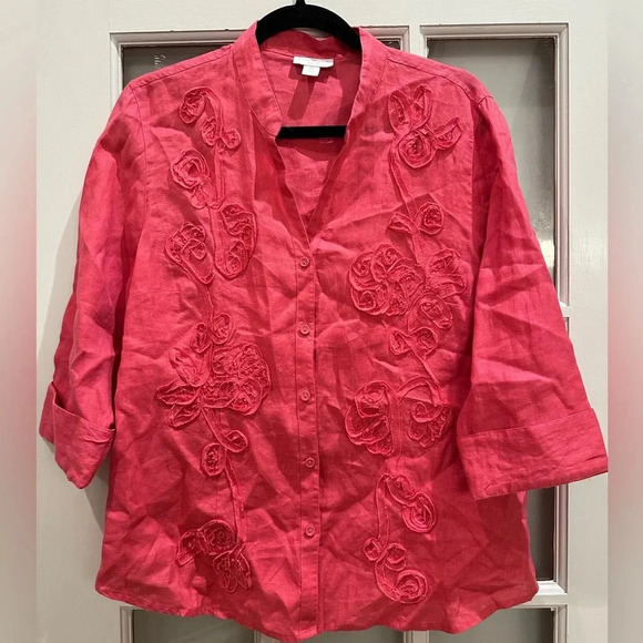 Charter Club Embosed 100% Linen Pink Blouse Size 14P Petite Floral Embroidered - Picture 9 of 9